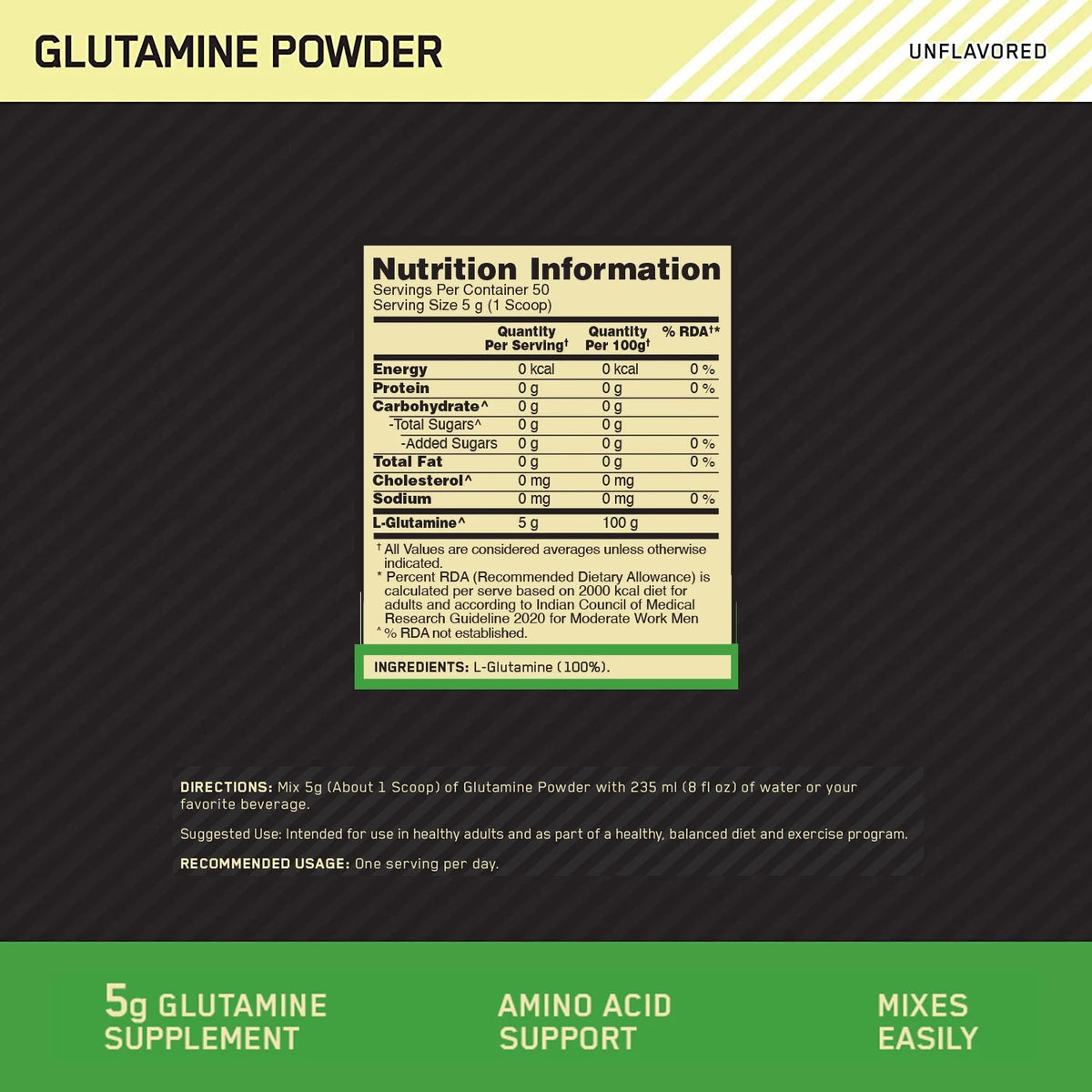 optimum nutrition Glutamine Powder | Unflavoured | 250 g