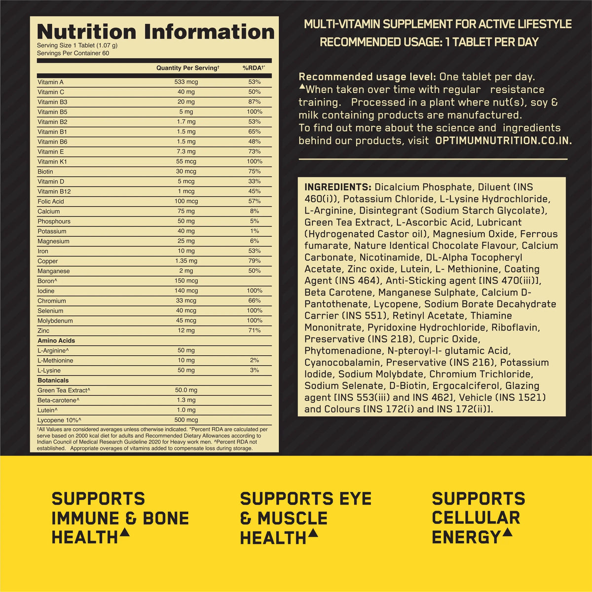 Optimum nutrition Multivitamin for MEN- 60 Tablets, 26 Vitamins & Minerals, Amino Acids & Anti-Oxidants