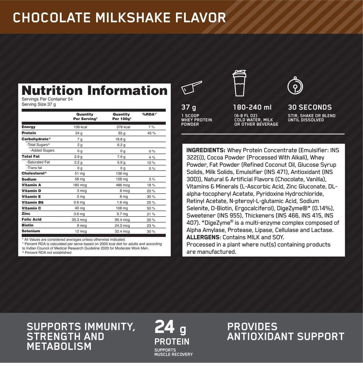 Optimum Nutrition (ON) Performance Whey Protein Powder, 24g Protein,2Kg (Chocolate Milkshake), Ultra-Filtered and Concentrated All-Whey Protein