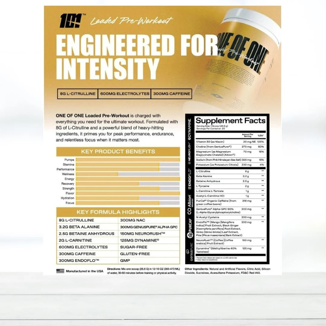 ONE OF ONE Loaded Pre-Workout – High-Stim Energy, Focus & Endurance with EndoFlo™, Genius Pure™ Alpha GPC, NeuroRush™, Dynamine®, No Crash, Gluten Free