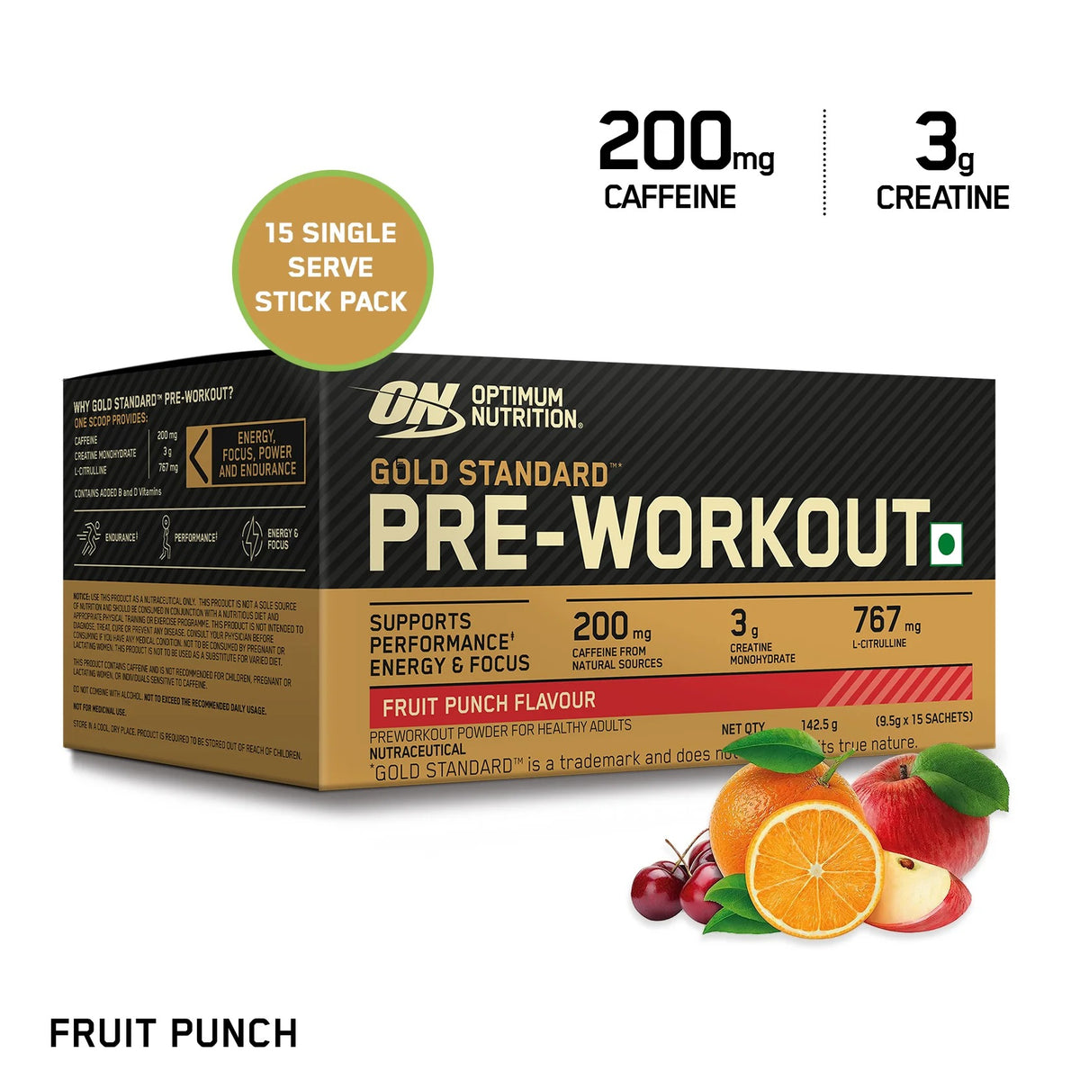 Optimum Nutrition (ON) Gold Standard Pre-Workout- 142.5g/15 single serve packs (Fruit Punch Flavor), For Energy, Focus, Power, Endurance & Performance